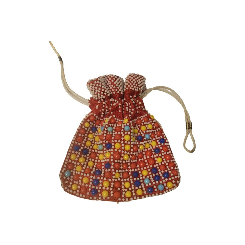 Vintage Red Beaded Drawstring Pouch Multi‎ Color Polka Dot Small Handbag